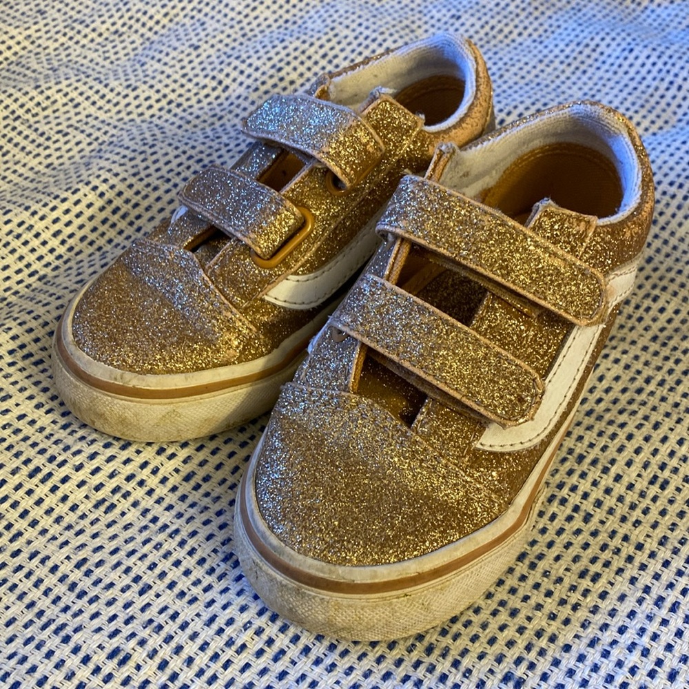 Vans Toddler Size 9 Glitter Sparkle Sequined Gold Velcro Shoes Sneakers in GUC